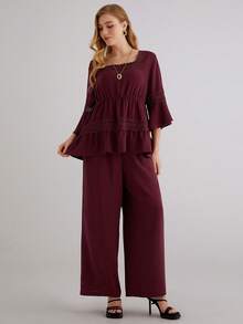 Parysyn Plus Size Women's Elegant Burgundy Lounge Set With Ruffled Tunic Top And Flowy Wide Leg Pants Comfortable Two Piece Outfit Ladies Casual Sets Blouse And Pants Set Wide Leg Pants Set Pants Suits For Woman Top And Pants Set For Women Tunic Tops For Women For Women Tunics For Women Lace Trim Top Lounge Sets For Women Pant Suits For Woman Pant Suit Set - Red Violet - View 5
