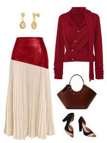 GlowEve Women's Long Sleeve Button Front Shirt & Pleated Midi Skirt 2 Pieces Set - Red - View 1
