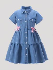 Elladie kids 少女短袖牛仔连衣裙，休闲舒适纽扣装饰蝴蝶结牛仔连衣裙，时尚街头风百搭轻盈面料，春夏新款 - 中等水洗藍 - 查看 5