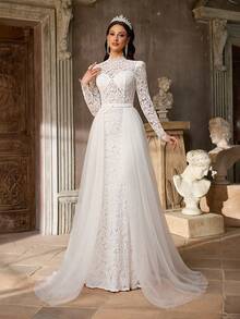 Aureia 极简白色法式刺绣蕾丝网纱拼接，立领长袖，塑身胸衣，A字裙摆，女士婚纱，正式礼服，晚礼服 - 白色 - 查看 4