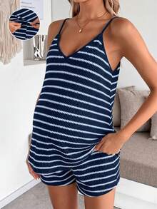 SHEIN Bộ đồ bầu nữ thoải mái, không tay, cổ chữ V, kẻ sọc, thích hợp cho mùa hè. - Màu xanh bụi bặm - Xem 4