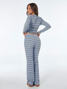 Sweetina Women's Striped Overlapping V-Neck Long Sleeve Cropped T-Shirt And Pants Casual 2 Pieces Set - Blue - View 2