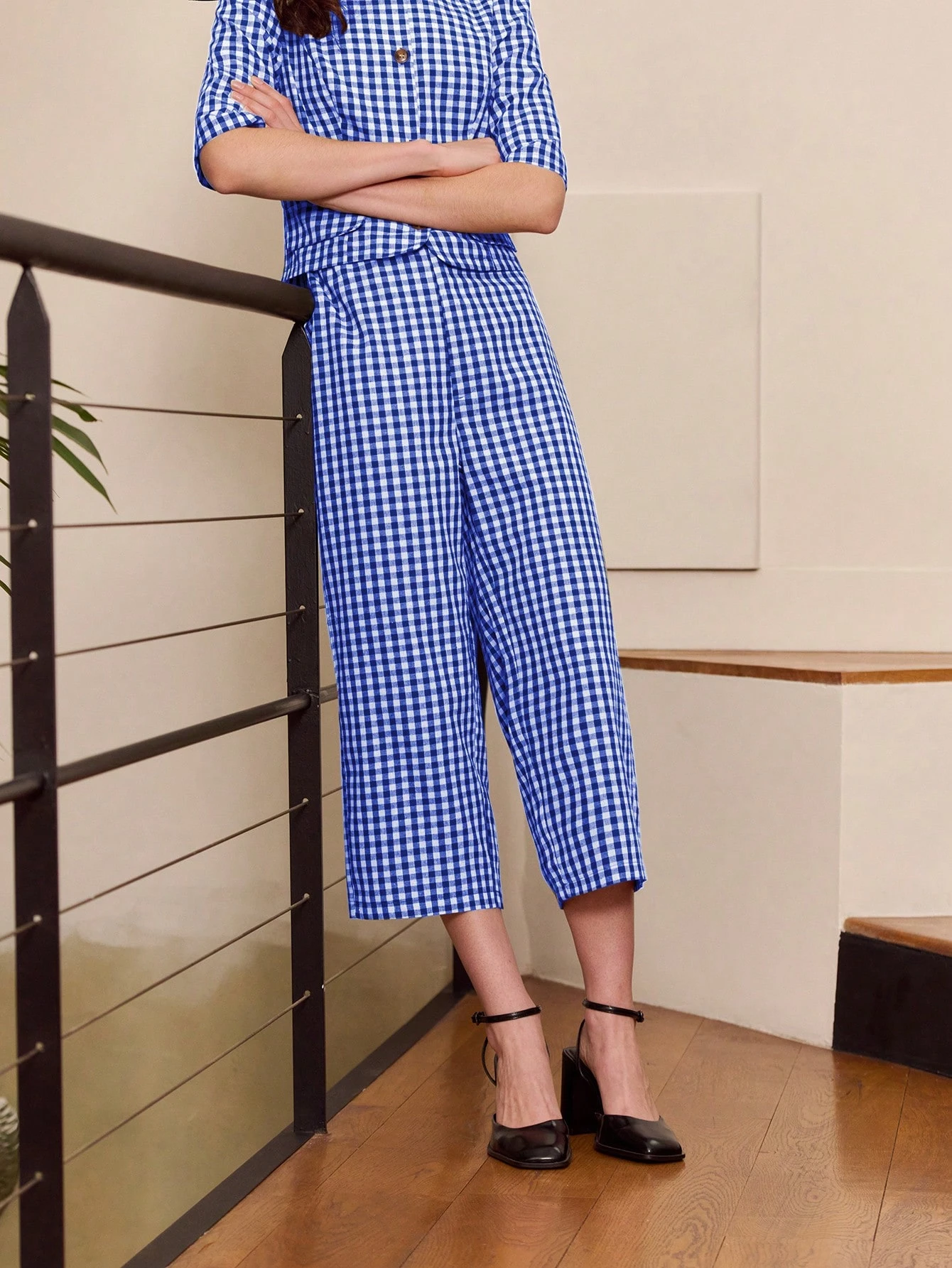 Pantalon ample à jambes larges à carreaux verts, style vintage mignon