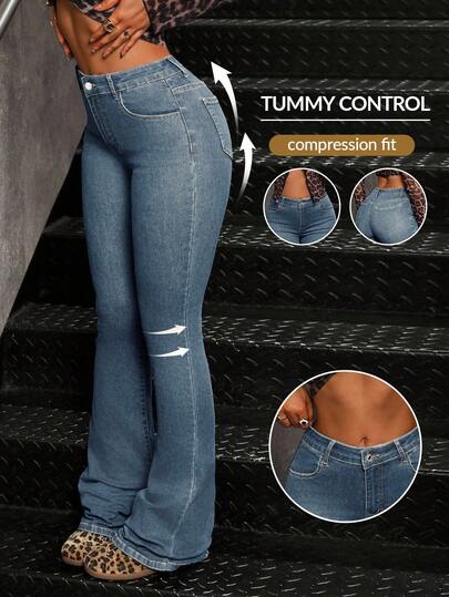 SHEIN Tall 女士口袋纽扣休闲百搭日常修身喇叭牛仔裤