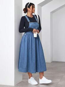 SHEIN EZwear 大码纯色休闲牛仔连衣裙 - 淺色水洗藍 - 查看 3