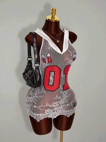 Amplova Women's Hooded Numeric & Letter Print Lace Patchwork Sexy Mini Party Dress - White - View 1