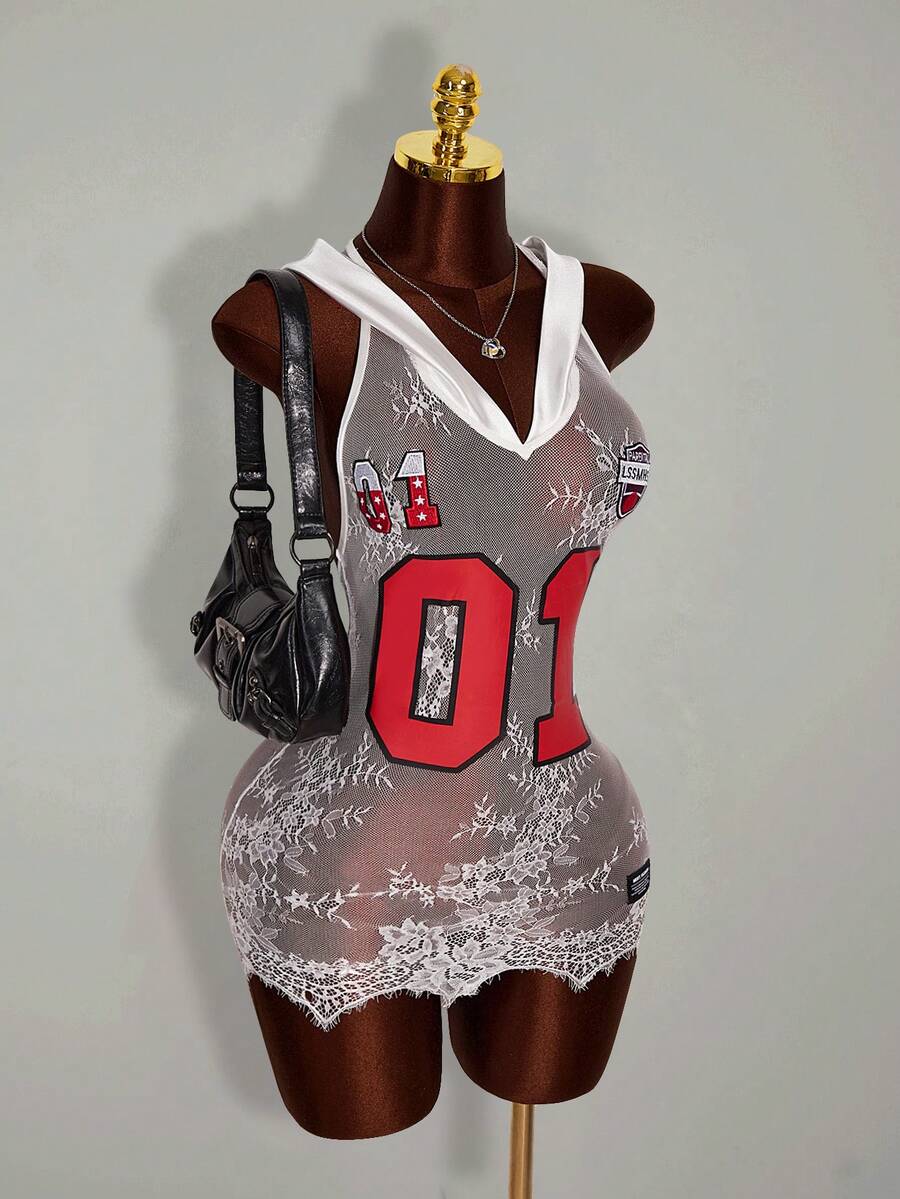 Amplova Women's Hooded Numeric & Letter Print Lace Patchwork Sexy Mini Party Dress - White - View 1