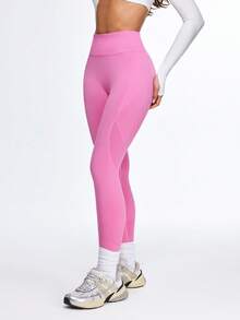 SHEIN European & American Seamless Peach Butt Yoga Pants For Women, High Waist Ruched Tummy Control Lifting Leggings - Pink - View 4