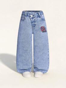 SHEIN Casuvi Kids 少女寬鬆牛仔褲 中洗藍色 返校季夏季街頭風 Y2K 不對稱彈性腰 水鑽裝飾 寬鬆直筒棉質丹寧 - 淺藍色 - 查看 3