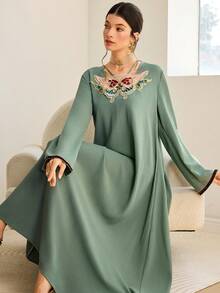 Al Najma Women's Embroidered Minimalist Long Sleeve Arabic Dress, Casual Everyday Wear - Blue - View 1