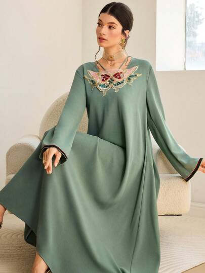 Al Najma 女士刺绣简约长袖阿拉伯连衣裙，休闲日常穿着