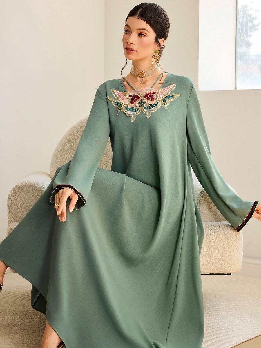 Al Najma Women's Embroidered Minimalist Long Sleeve Arabic Dress, Casual Everyday Wear - Blue - View 1