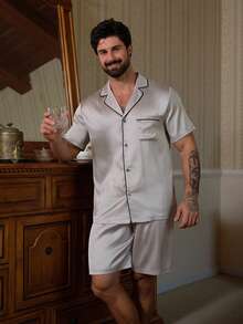 DAZY 男士缎面衬衫短裤睡衣套装，夏季 - 灰色 - 查看 5