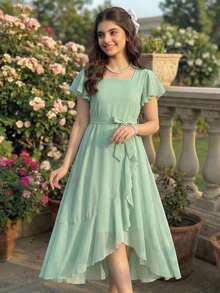 Tween Girl Solid Color Square Neck Ruffle Trim Patchwork Short Sleeve Fashion Dress - Green - View 7