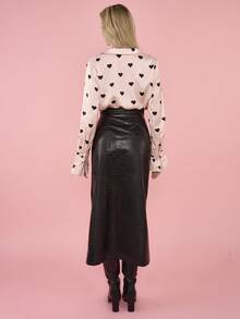 OverBlushhh Women's Satin Heart Print Button Front Long Sleeve, Shirt Blouse With Pleated Cuff, Pink, Work Blouse, Valentine's Day, Valentines, Date, Office, Party, Everyday Wear, Spring - Pink - View 4