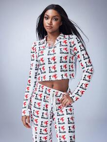 Y2Kool Maria Clara Maia Women's White Cupid All-Over Print Long-Sleeve Cropped Ribbed Top And Pants Pajama Set, Spring/Fall Style - White - View 6