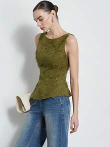 Aveloria Modichic Áo kiểu thời trang, thanh lịch, chất liệu jacquard màu xanh lá cây với tua rua và viền bèo nhún, thích hợp cho đi làm, hẹn hò và mua sắm. Thiết kế sang trọng và đa năng. - màu xanh lá - Xem 1