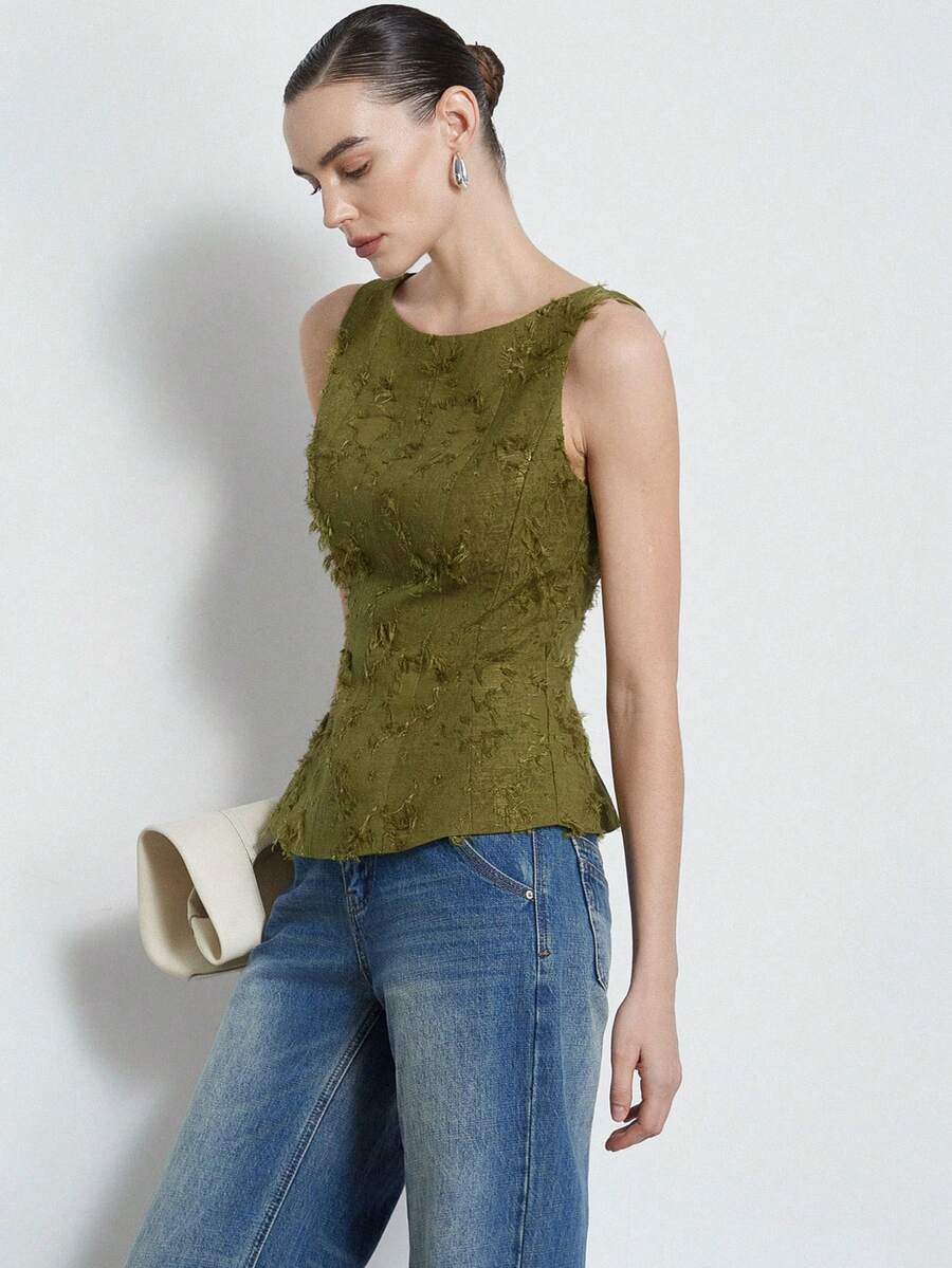 Aveloria Modichic Áo kiểu thời trang, thanh lịch, chất liệu jacquard màu xanh lá cây với tua rua và viền bèo nhún, thích hợp cho đi làm, hẹn hò và mua sắm. Thiết kế sang trọng và đa năng. - màu xanh lá - Xem 1