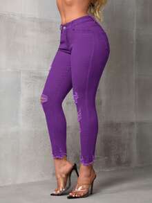 SHEIN SXY Solid Color Casual Slim Fit Everyday Versatile Jeans - Purple - View 4