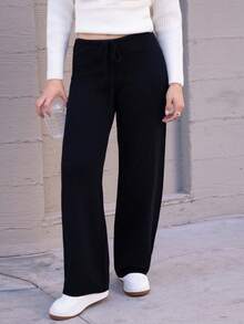 Andrea Bello Low Rise Drawstring Waist Rib Knit Wide Leg Casual Trousers Fall Autumn Winter Everyday Office Christmas Evening Party Elegant New Year Thanksgiving - Black - View 4