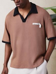 SUMWON Men's Short Sleeve Ribbed Knit Polo Shirt With Contrast Black Collar And Trim Detail - Brown - View 1