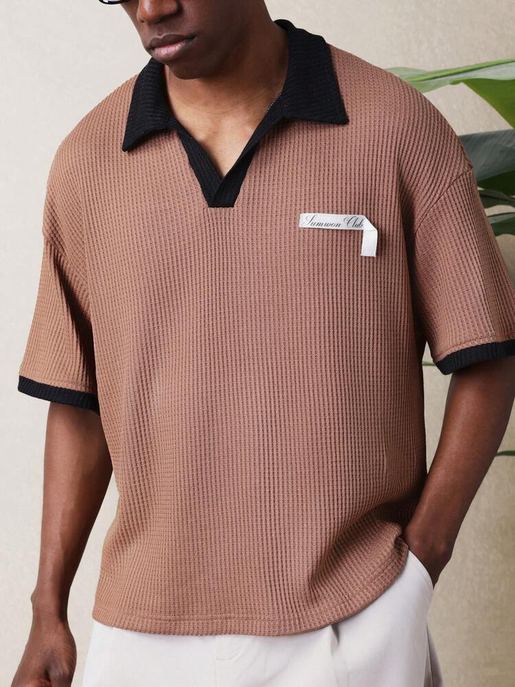 Ribbed Knit Polo With Contrast Collar