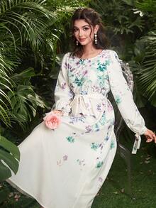 Modelyn 长袖印花连衣裙，配腰带 - 彩色 - 查看 7