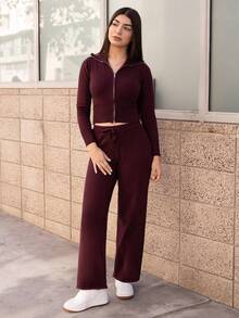 Andrea Bello Women's Burgundy Zip-Up Cardigan And Knit Pants Casual Sweater 2 Pieces Set, Sweater Set, Autumn/Winter, Winter,Fall,Fall Clothes For Women - Burgundy - View 1