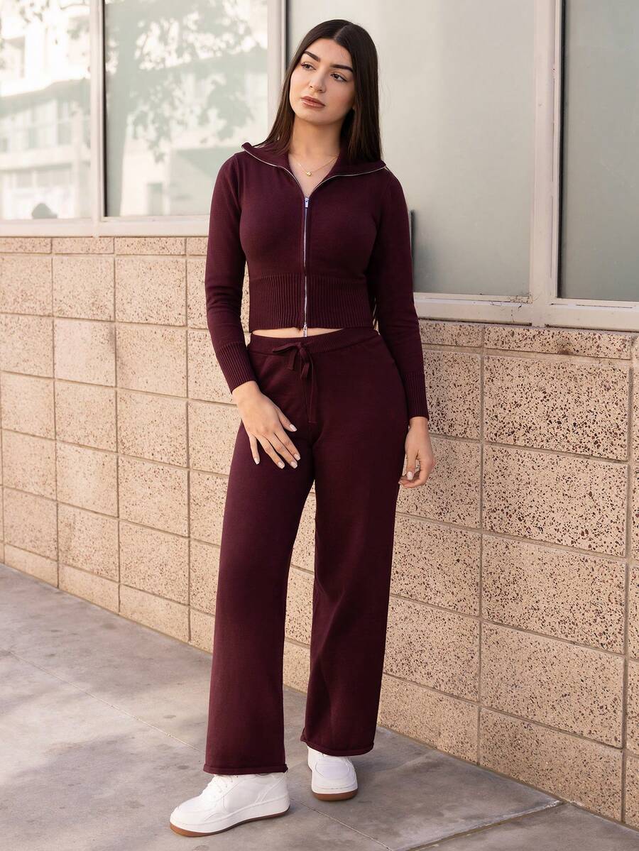 Andrea Bello Women's Burgundy Zip-Up Cardigan And Knit Pants Casual Sweater 2 Pieces Set, Sweater Set, Autumn/Winter, Winter,Fall,Fall Clothes For Women - Burgundy - View 1