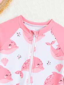 Traje de baño de una pieza de manga larga con estampado de ballena lindo para niñas, color morado, adecuado para verano y vacaciones - Rosa - Ver 4