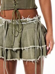 SUMWON WOMEN 女士橄榄绿多层做旧超短迷你裙，毛边设计，层叠荷叶边，适合节日和休闲场合穿着 - 軍綠色 - 查看 5