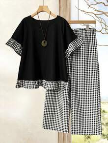 Rusticease 大码休闲格子拼接荷叶边衬衫和裤子两件套 - 彩色 - 查看 7