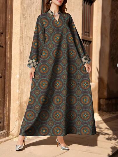 SHEIN Najma Vintage Geometric Floral Print Maxi Dress, Women's Fashion V-Neck Split Hem Long Sleeve Maxi Dress, Elegant Arabic Style Dress For Spring/Summer