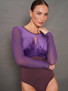 Activina Women's Velvet Round Neck Long Sleeve Fitted Hollow Out Sheer Ballet Leotard - Purple - View 6