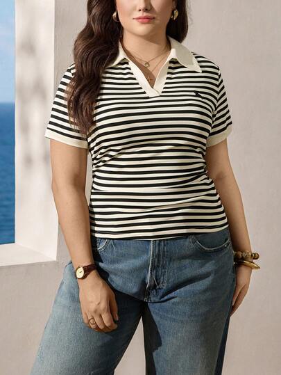 Zelara 大码女式夏季条纹高领侧边收紧橡皮筋T恤，休闲航海风女式T恤上衣