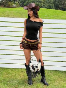 SHEIN EZwear Women's Oblique Shoulder Minimalist Everyday Sweater - Black - View 5