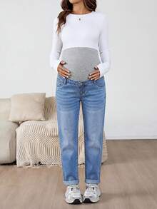 SHEIN Maternity Cuffed Light Blue Casual Fall Autumn Winter Halloween Christmas New Year Thanksgiving Versatile Jeans With Belt Loops Maternity Jeans Y2k Cute Party Streetwear Techno Outfit Birthday Outfit Airport Outfit Mom Jeans Low Rise Women Baggy Jeans Thermal Lined Jeans - Medium Wash - View 4