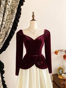 Vintamour Vintage Elegant Women's Velvet & Satin Patchwork Heart Neck Floral Midi Dress Party/Cocktail/Formal Gown Winter Clothes For Women Women's Winter Clothes Winter Outfit For Women Christmas Looks Christmas Outfit For Women Christmas Clothes New Year Clothes New Year Outfit New Year Women Women's Winter Dress Christmas Dresses For Women Christmas Party Dress New Year Dress Elegant Dresses For Party Dresses For Women Elegant Dress - Burgundy - View 7