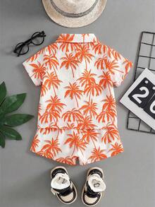 SHEIN Playful Pals 2件組嬰幼兒男童橘色夏季休閒度假套裝 熱帶植物圖案短袖夏威夷襯衫&彈性腰圍短褲 - 白色 - 查看 3