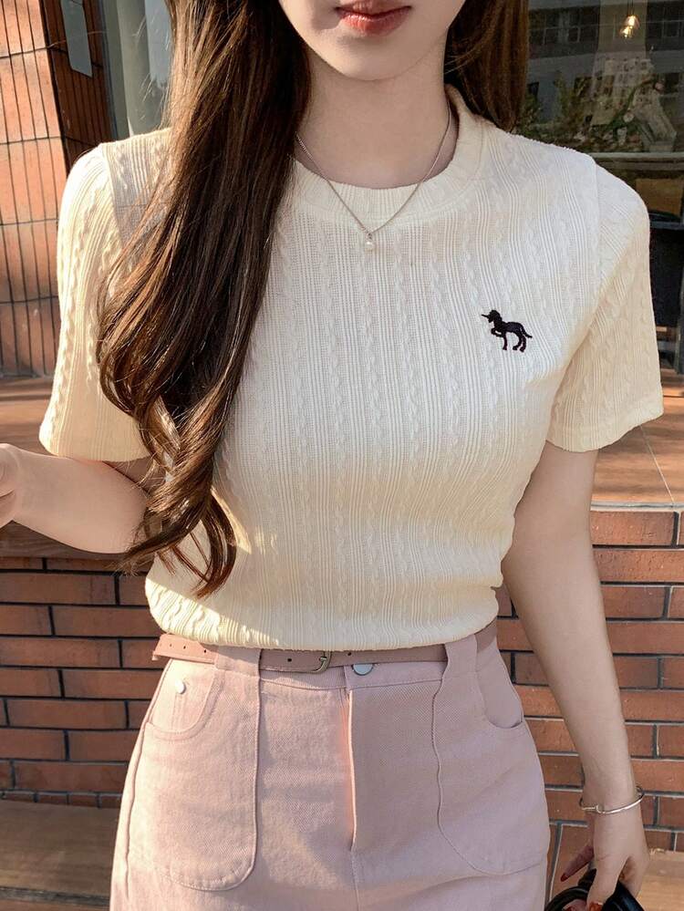 Teen Girls' Casual Everyday Commute Minimalist Textured Fabric Unicorn Embroidery Short Sleeve T-Shirt, Summer