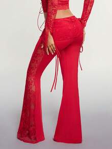 SHEIN ICON Women's Black Lace Side Splice Waist Drawstring Flare Pants, Sexy & Vacation Style - Red - View 2