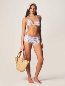 MISSGUIDED Plaid Check Triangle Bikini Set Two Piece Swimsuit Halter Top Tie Front Bottom Summer Beach - Multicolor - View 3