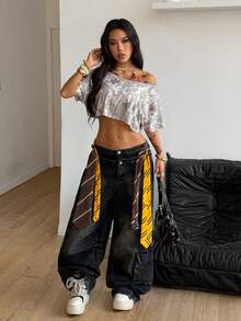 Coolane 女士街头风外出运动休闲印花露肩宽松短款红色T恤 - 彩色 - 查看 5