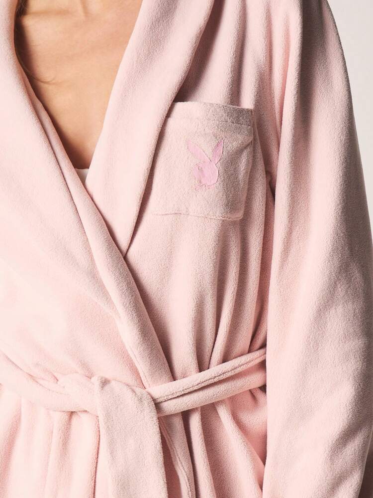 Missguided x Playboy Fluffy Soft Fleece Bathrobe With Tie Belt And Shawl Collar For Cozy Lounging And Relaxation At Home