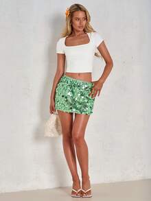 Glamine 新款女士蓝色针织亮片低腰修身性感魅力迷你四季闪亮半身裙，优雅亮片裙，时尚紧身短款法尔达裙，女士派对裙，鸡尾酒会短裙，夜店裙 - 薄荷綠 - 查看 2