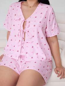 Solflare Pink,Summer,Cute,Family Matching Plus Size Cherry Blossom & Bow Striped Print Open Front Tie Bow Loose Short Sleeve Shirt & Shorts 2-Piece Set - Multicolor - View 1