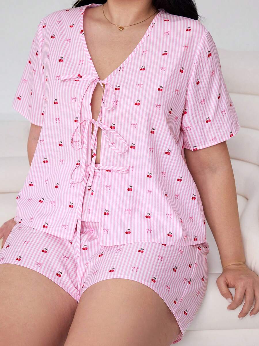 Solflare Pink,Summer,Cute,Family Matching Plus Size Cherry Blossom & Bow Striped Print Open Front Tie Bow Loose Short Sleeve Shirt & Shorts 2-Piece Set - Multicolor - View 1