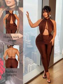 NU&NOW Plus Size Women's Sexy Hollow Pleated Backless Halter Jumpsuit, Valentine's Day - Brown - View 1