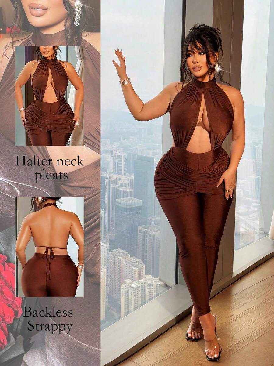 NU&NOW Plus Size Women's Sexy Hollow Pleated Backless Halter Jumpsuit, Valentine's Day - Brown - View 1