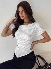 Áo sơ mi kẻ caro dáng bất đối xứng, thanh lịch, thích hợp cho đi làm, mặc thường ngày, và cũng có thể mặc đi làm/thu/đi học/làm giáo viên/đi chơi. - trắng - Xem 3